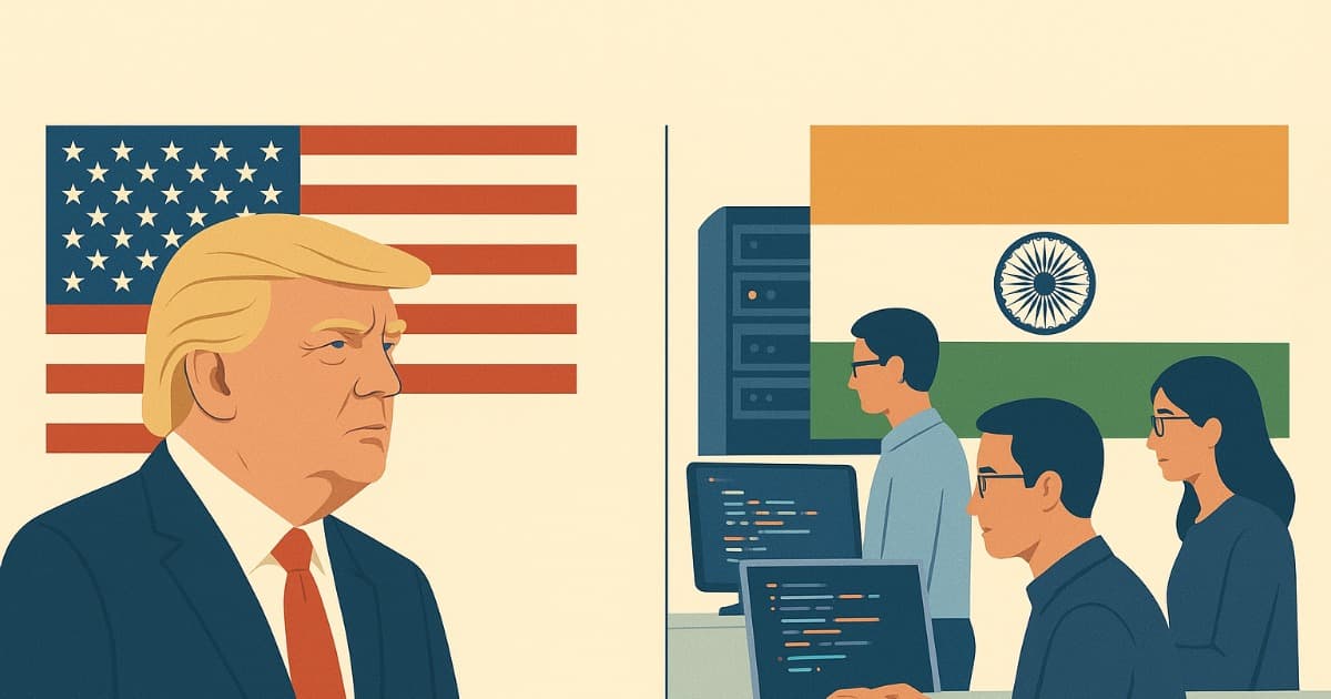 Graphic of Indian IT professionals adapting to tariff barriers with global tech connections